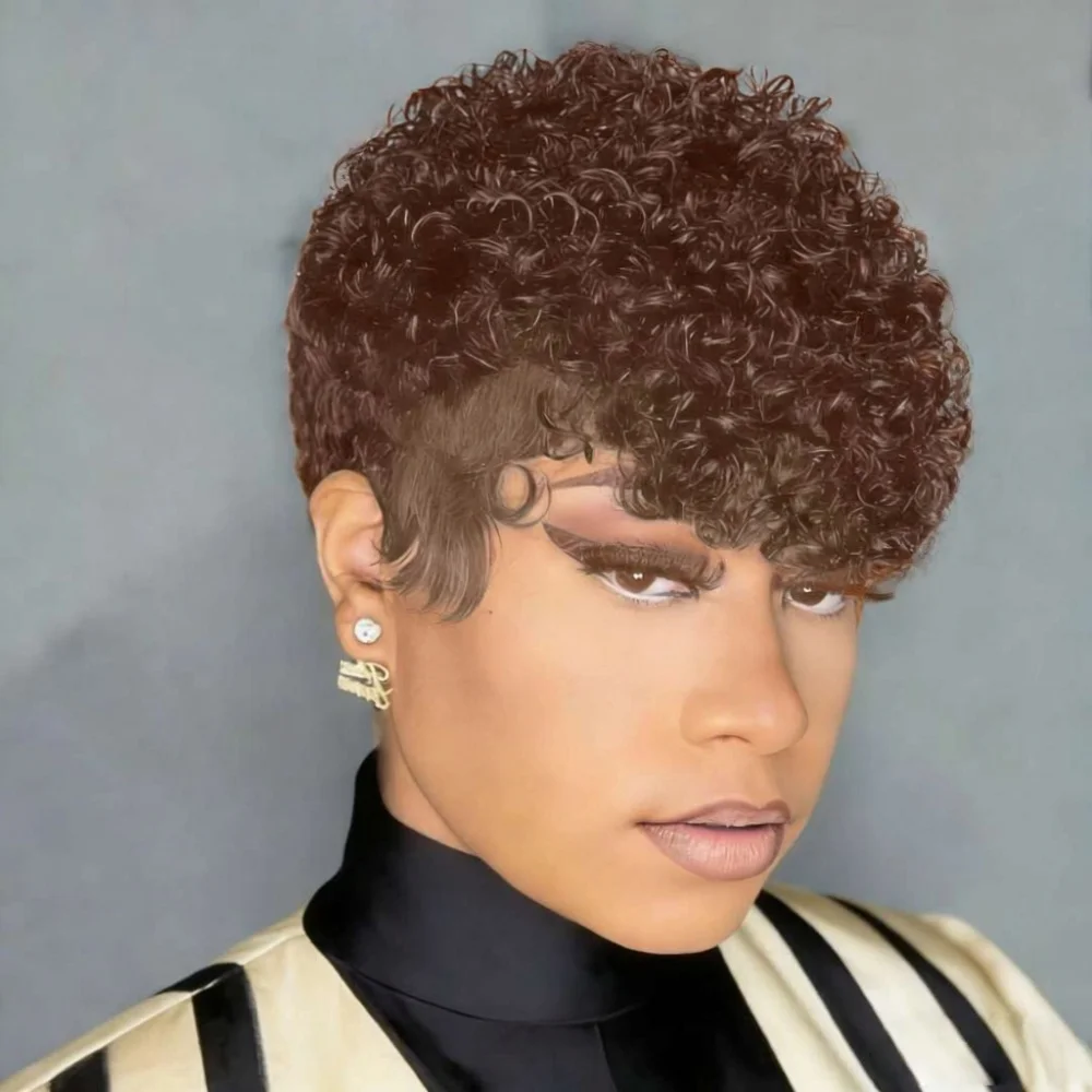 

Короткий кудрявый парик из натуральных волос (пикси) | Косичка-пучок с челкой, полностью машинная работа, волнистая, на сетчатой основе (розовая), подходит