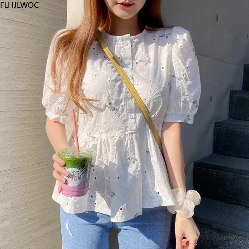 Women Tops And Blouses Korean Fashion Clothing Summer Cute Preppy Style Flower Embroidery Chic Peplum Top Blusas Two Way Wear