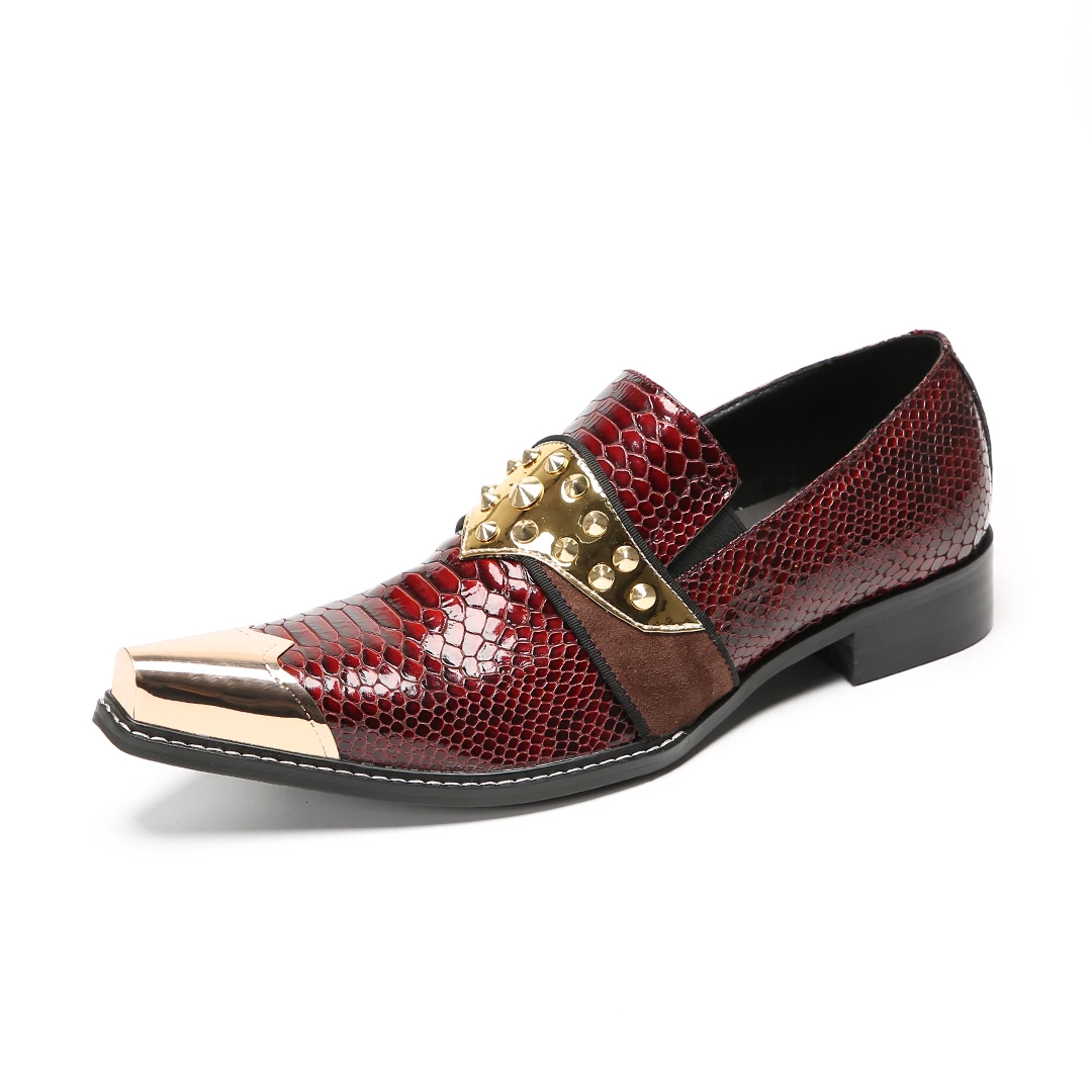 Men's Burgundy Snake-Print Leather Shoes with Gold-Plated Studded Buckle Urban Fashion Party Dress Shoes