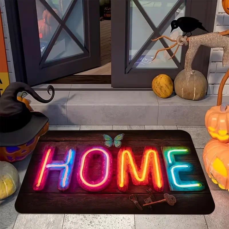 Modern Style Carpet Door Mat with Neon Colored "Home" on A D