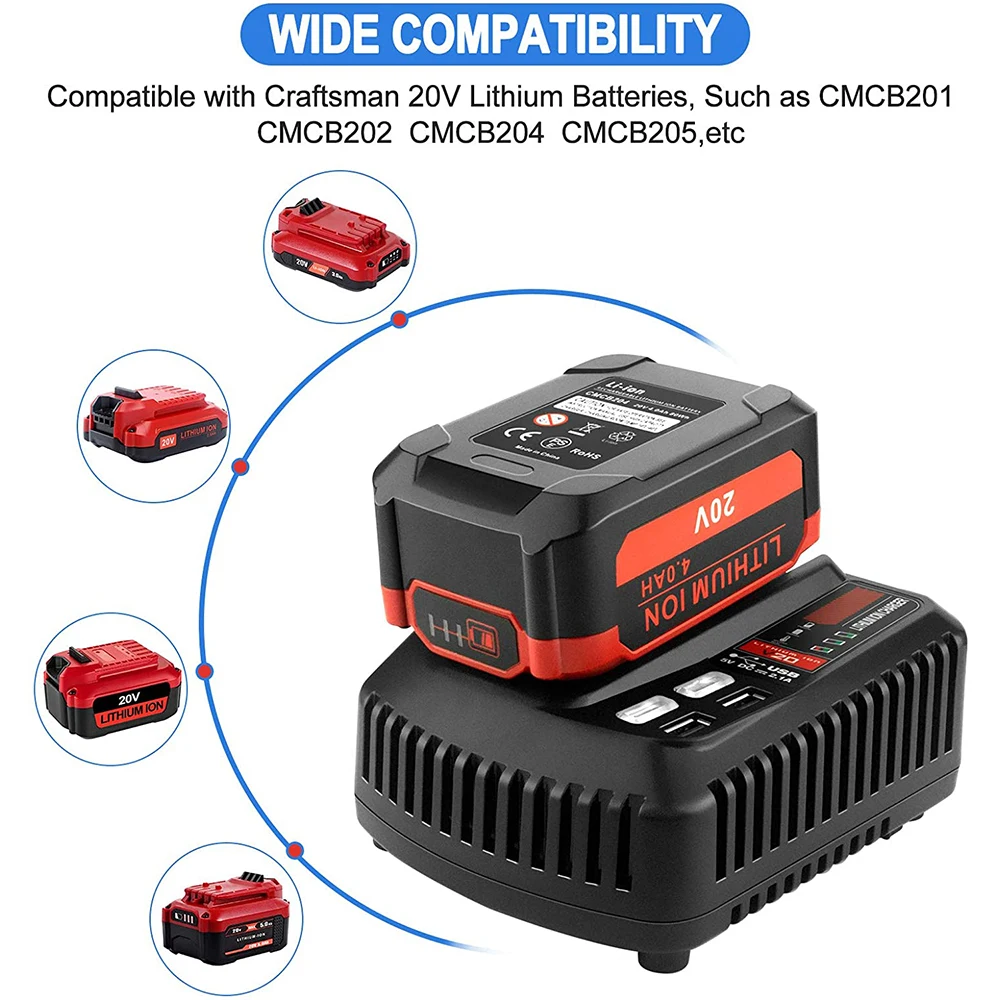 20V Battery Charger CMCB102 with 2 USB Port Compatible with Craftsman V20 Battery Fast Charger CMCB104 CMCB124 20V Battery