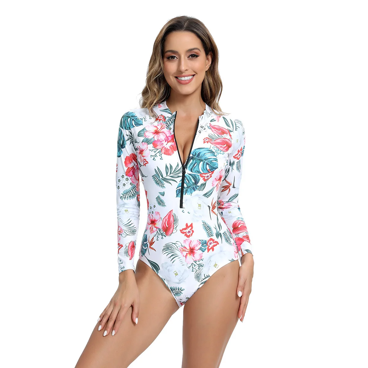 Maiô estampado floral para mulheres, zíper frontal, bodysuit acolchoado, roupas de natação, manga longa, roupa de banho de uma peça, Triang de praia, novo