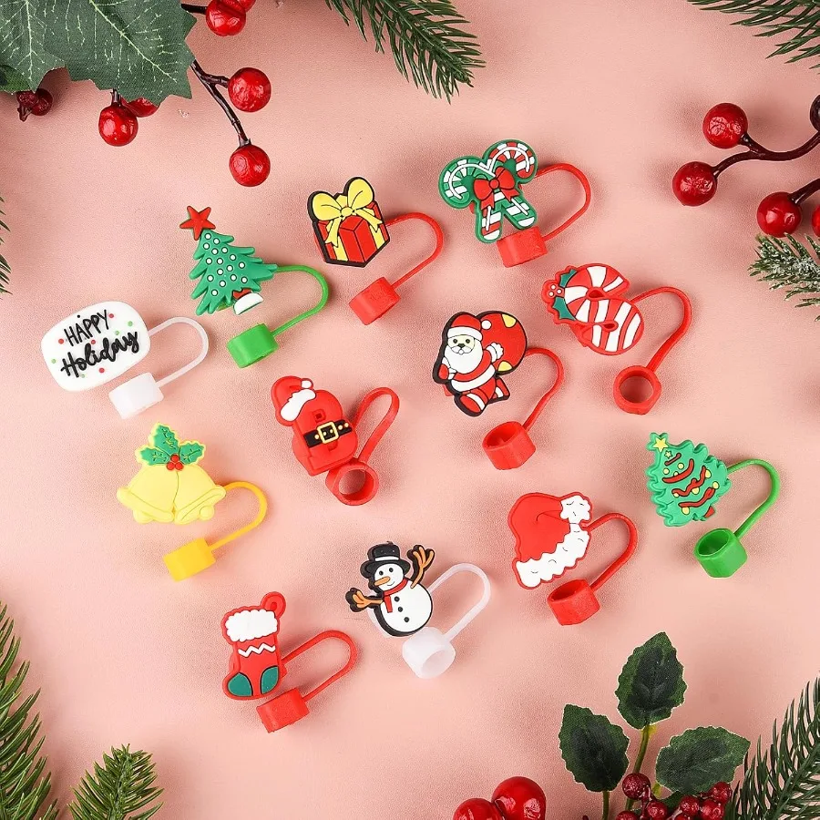 12 шт., силиконовая крышка для соломинки на рождественскую тематику для соломинки 10 мм, пылезащитная соломинка для питья, топпа для рождественских праздничных вечеринок