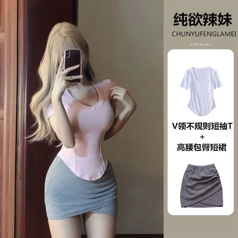 2024 Women\'s 2-piece Solid Color Irregular V-neck Short T-shirt Slim Fit Spicy Girl Wrap Hip Skirt Summer Sexy Women\'s Clothing