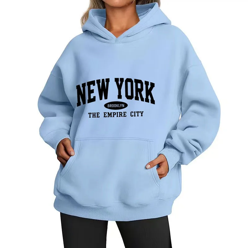 Fotografia 5: Moletom com Capuz Oversized com Estampa de Letras NEW YORK Brooklyn para Mulheres, Estilo Casual Streetwear, Pullover Masculino
