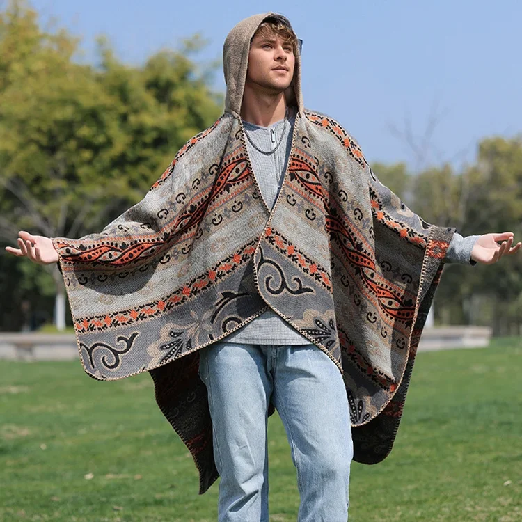 Men's Autumn Winter Warm Thick Bohemian Fringe Shawl Photo Cape Cloak Dual-use Scarf Travel Hooded Poncho P5