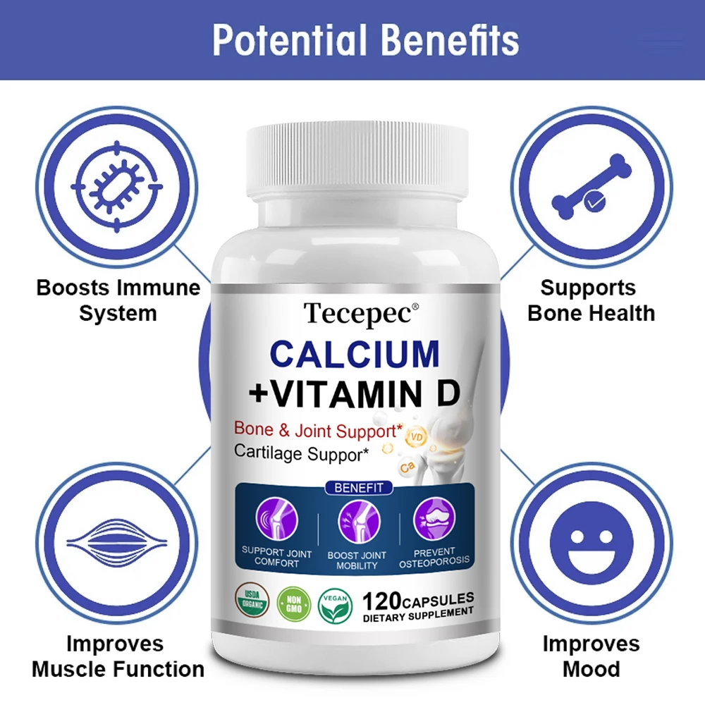 Calcium + Vitamin D Capsules - Natural Vegetarian Capsules, Bone, Joint and Cartilage Support, Promote Natural Bone Growth