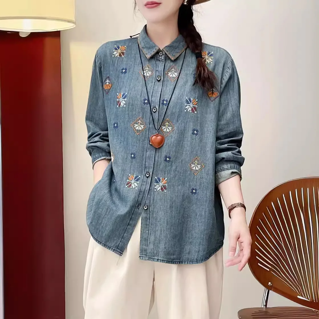 New Summer Embroidered Washed Denim Shirt Woman Lapel Long Sleeve Tops Girl Casual Loose Literature Blouses 2024 Autumn T47603QM