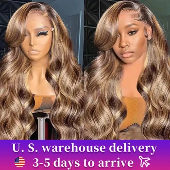 Vurgu Vücut Dalga Peruk İnsan Saç 13x6 Hd Dantel Ön Peruk 4/27 Bal Sarışın 200 Yoğunluk Brezilyalı Remy İnsan Saç Peruk 34 inç