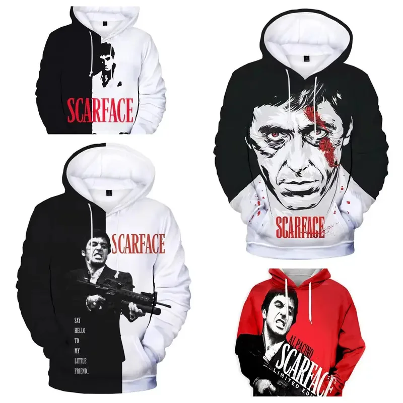 الرجال هوديس فيلم Scarface ثلاثية الأبعاد طباعة هوديي الرجال النساء موضة كم طويل الجرافيك هوديي البلوز المتضخم معطف النساء تعرق #1