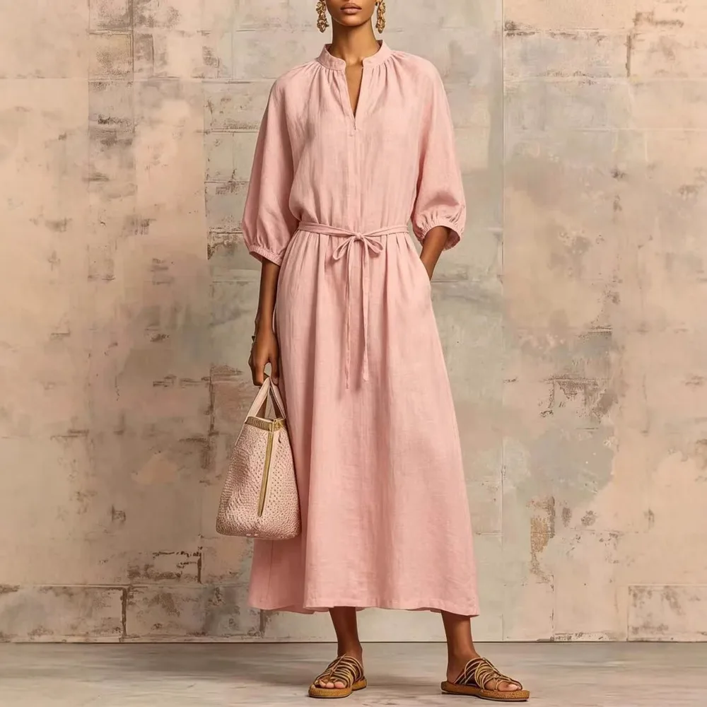

2026 Ladies Summer Women'S Solid Cotton And Linen Loose Casual Lace Up Loose Round Neck Short Sleeve Vintage Long Dress Commuter
