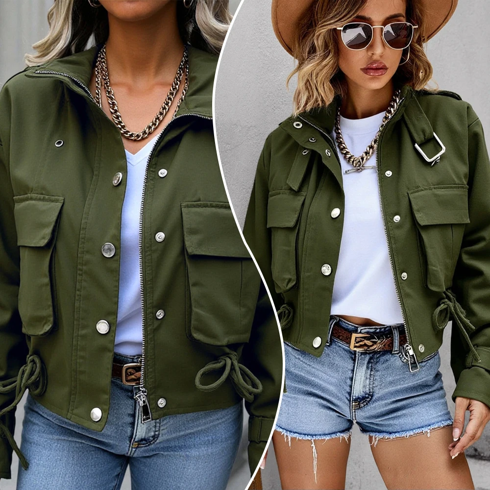 

Women’s Casual Autumn Jackets Vintage-Inspired Lightweight Stand Collar Jacket with Mixed Closures Hardware Details