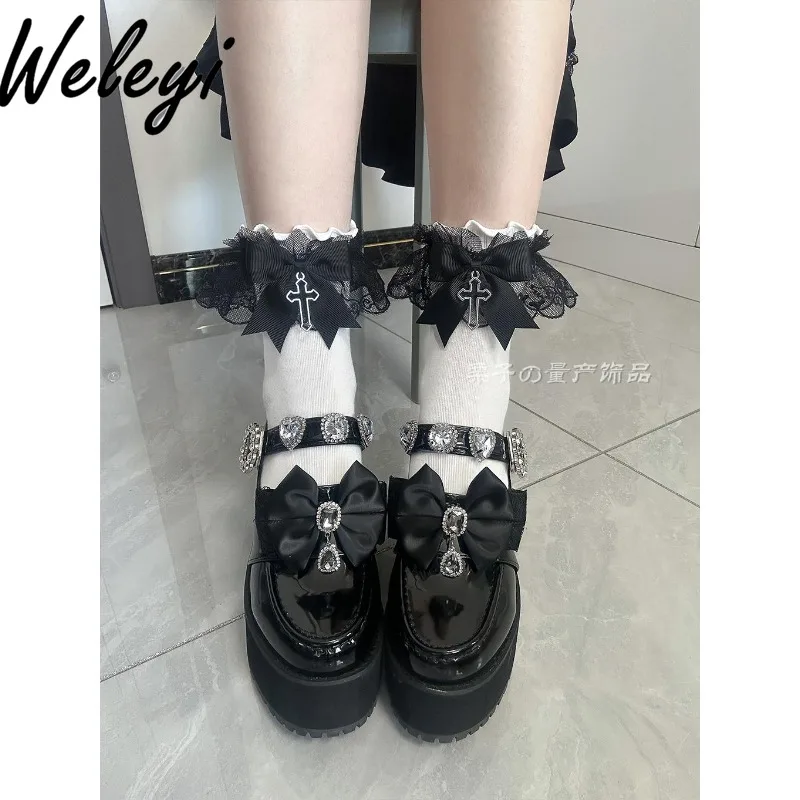 

Japanese Sweet Mine Series White Medium Tube Socks 2024 Fall New Original Mass-produced Handmade Black Lace Bow Cross Lace Socks