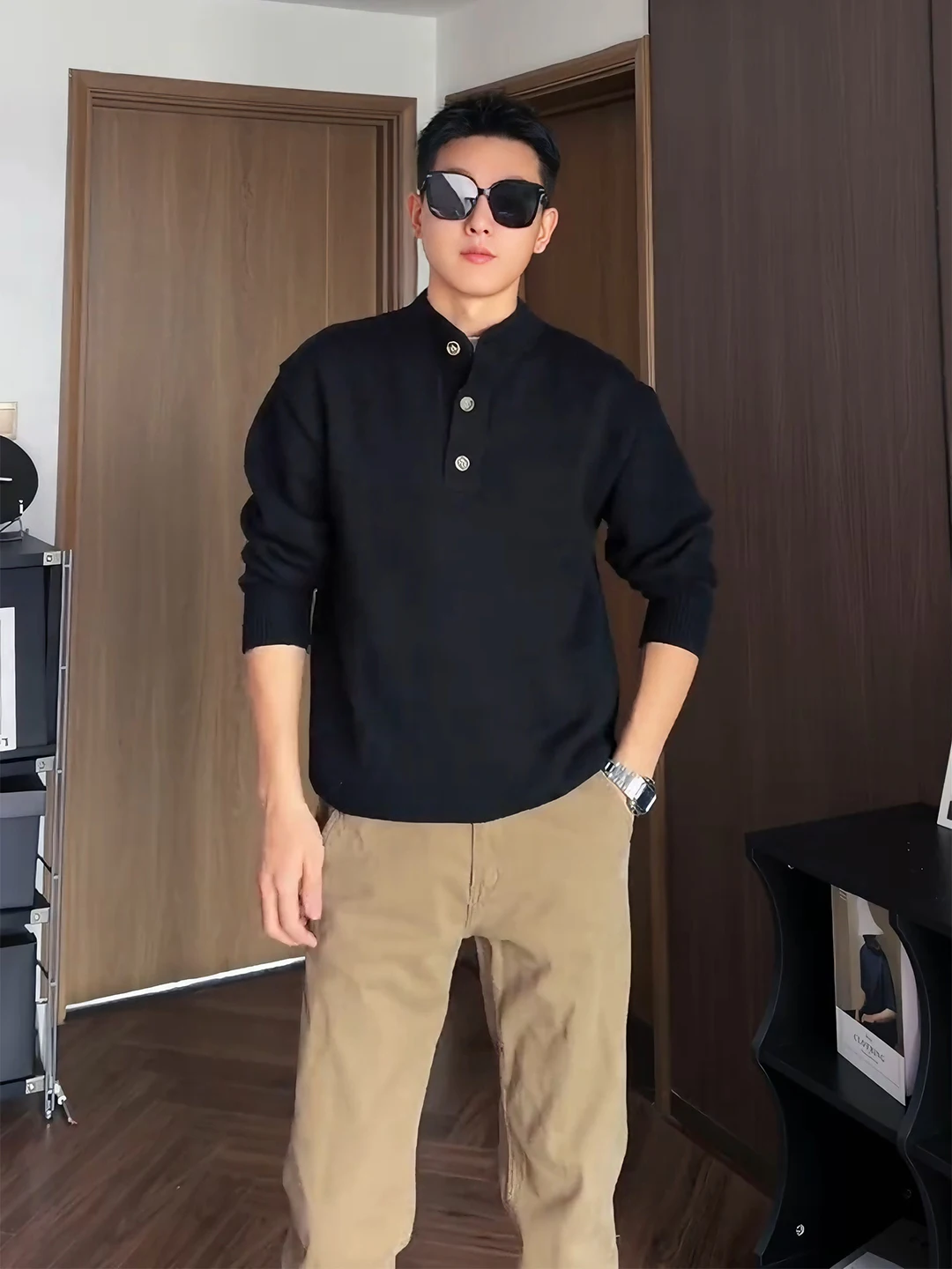 

Мужской черный свитер крупной вязки с воротником хенли, осенне-зимний, модный, базовый, в винтажном стиле, свободного кроя, Cleanfit