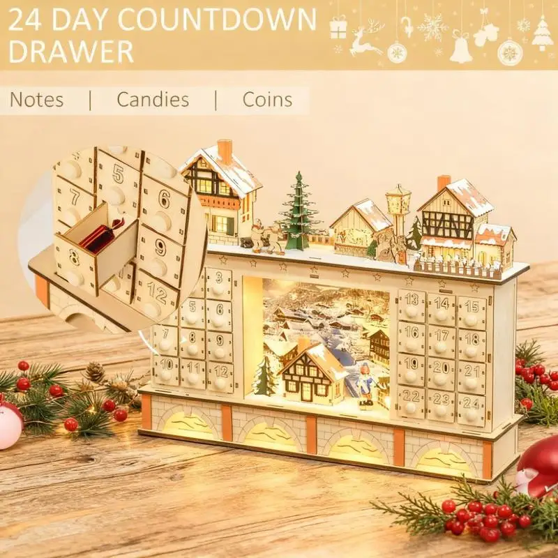 تقويم القدوم الخشبي لعيد الميلاد مع أدراج العد التنازلي، وديكور قرية العطلات