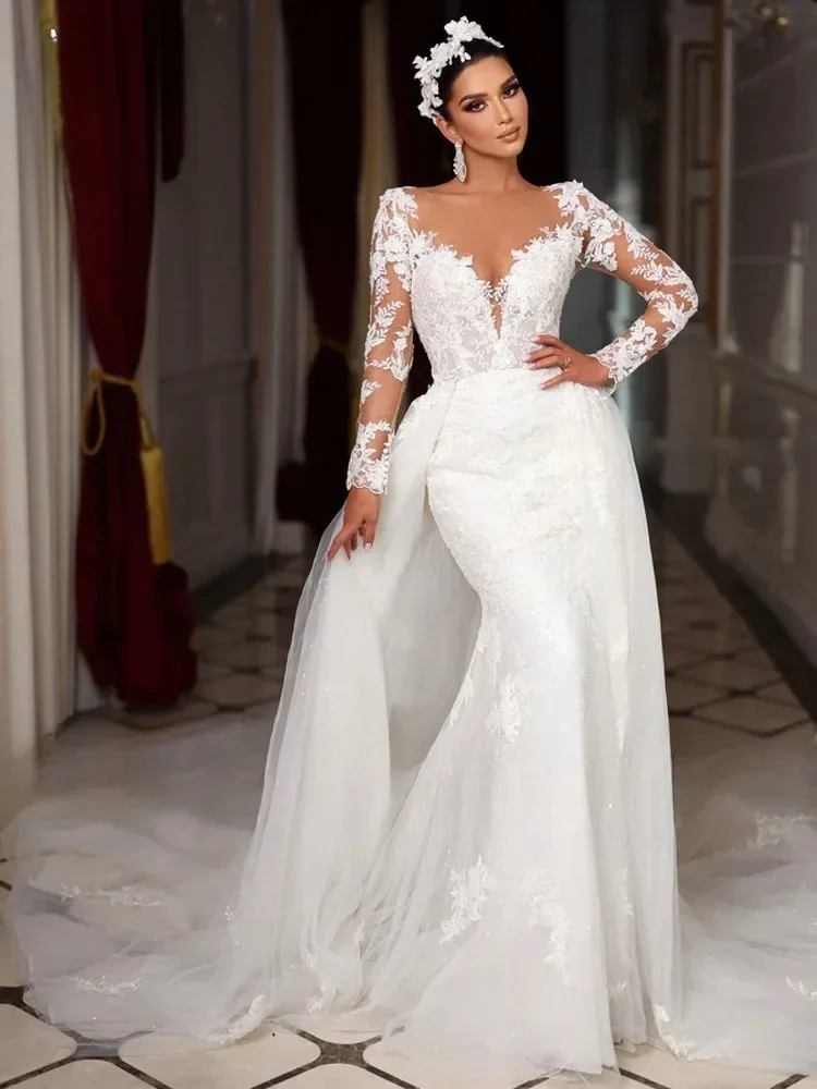 Customized Mermaid Wedding Dresses Sweetheart Long Sleeve  Appliques Bride Gown Detachable Train Vestido De Novia
