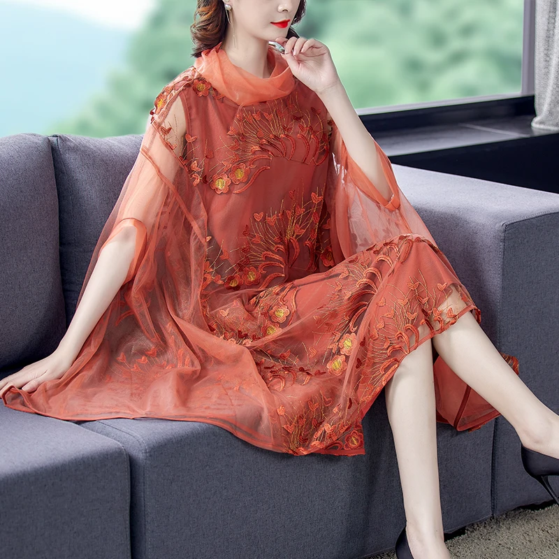 

Women Loose Red Floral Mesh Embroidery Midi Dress 2024 Summer Vintage 5XL Plus Size Casual Dress Elegant Bodycon Party Vestidos