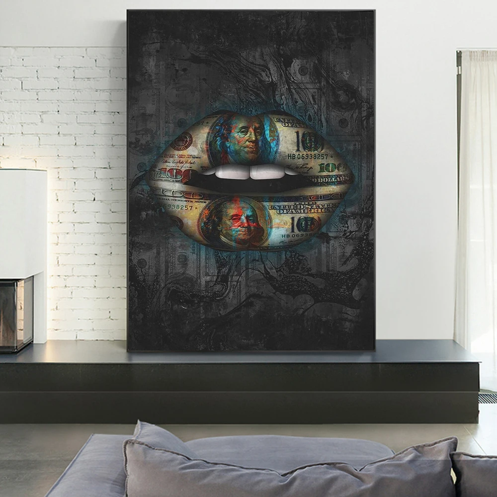 Sexy Woman Boss Babe Lips Art Print,100 Dollar, Female Lips Canvas Painting,Girl Power Poster,Wall Pictures,for Living Room Deco