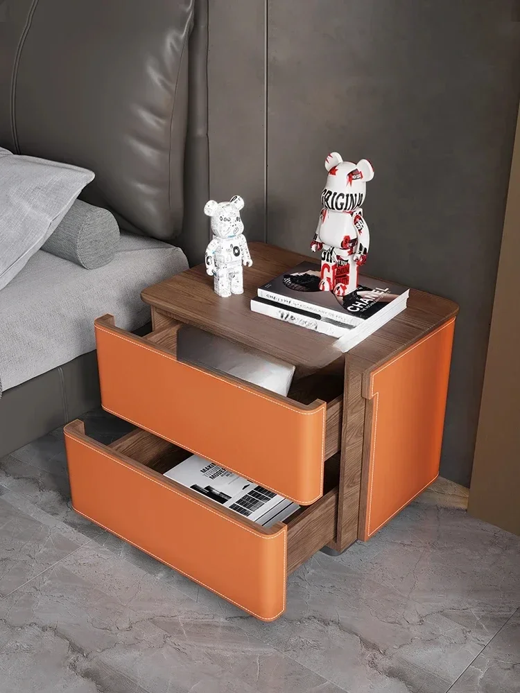 Light luxury saddle leather bedside table household small apartment high-end solid wood storage side cabinet