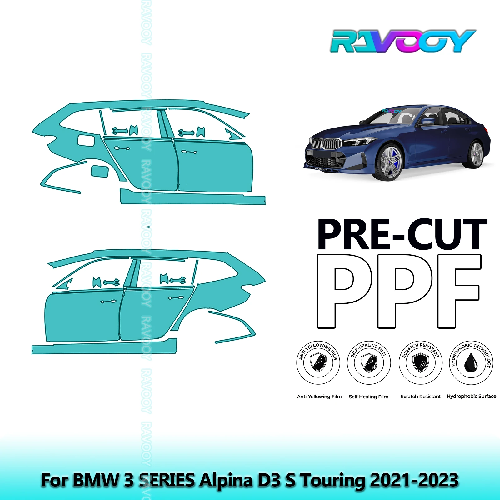 

For BMW 3 SERIES Alpina D3 S Touring 2021-2023 8.5mil Pre-Cut PPF Door & A/B Pillar Kit TPU Paint Protection Film Set