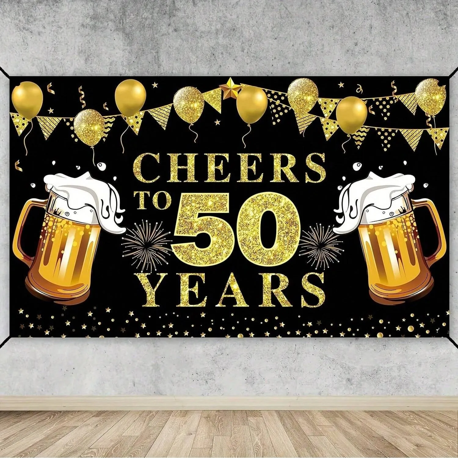Schwarz-goldenes Banner mit Bier-Motiv als Fotohintergrund, Dekoration für die 50. Geburtstagsfeier für Erwachsene, Fotostudio-Hintergrund – Detail 2