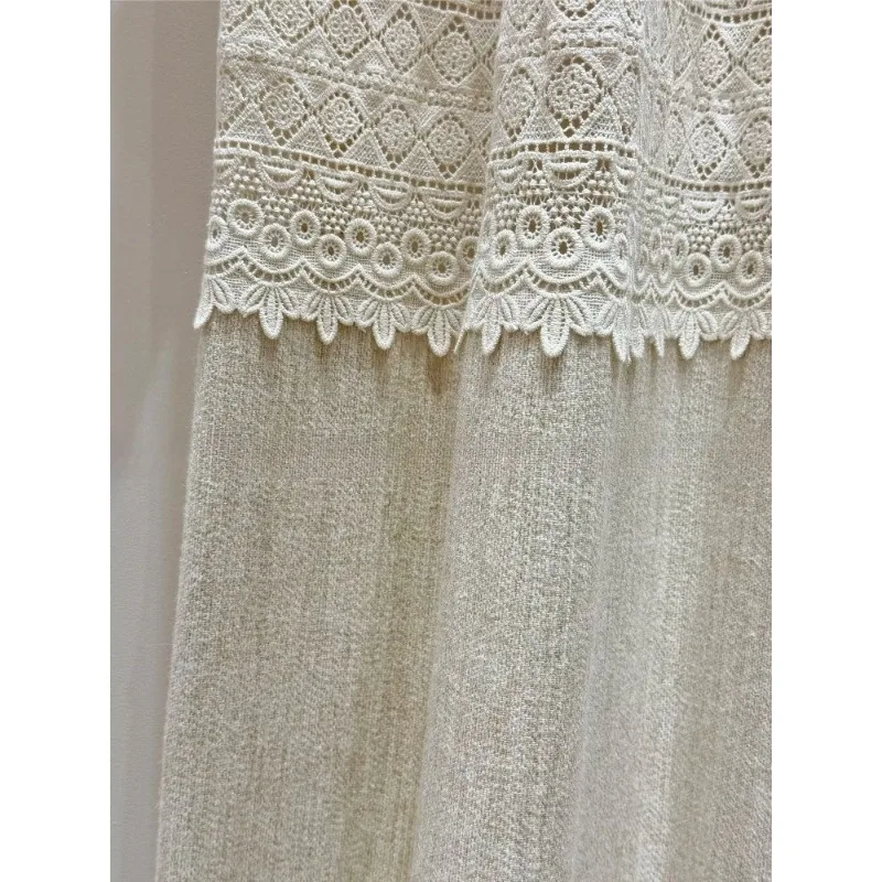 French Lace Cotton Linen Splicing Hollow Lace Cream Curtains for Living Room Balcony Bedroom Bay Window Curtains Screen Curtains