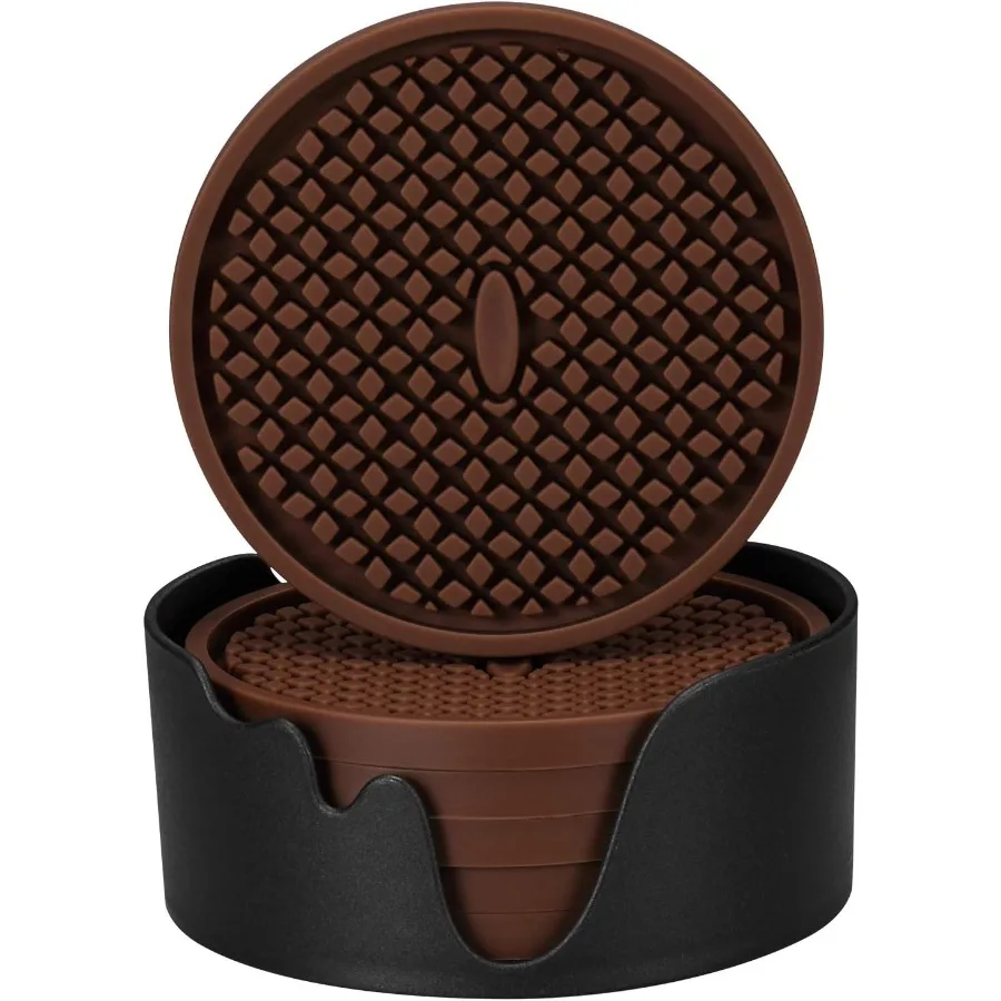 

Silicone Coasters [6 Pack] Thickened Drink Coasters with Holder - Cup Mat - Non-Slip Non-stick Stay Put Deep Tray - Prevents Fu