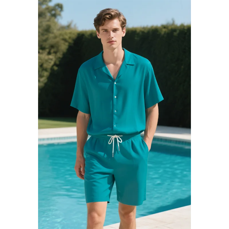 Cuban Collar Short Sleeve Shirt Men Loose Casual Half Sleeve Ice Silk Shirt Set Trendy Design Handsome Style