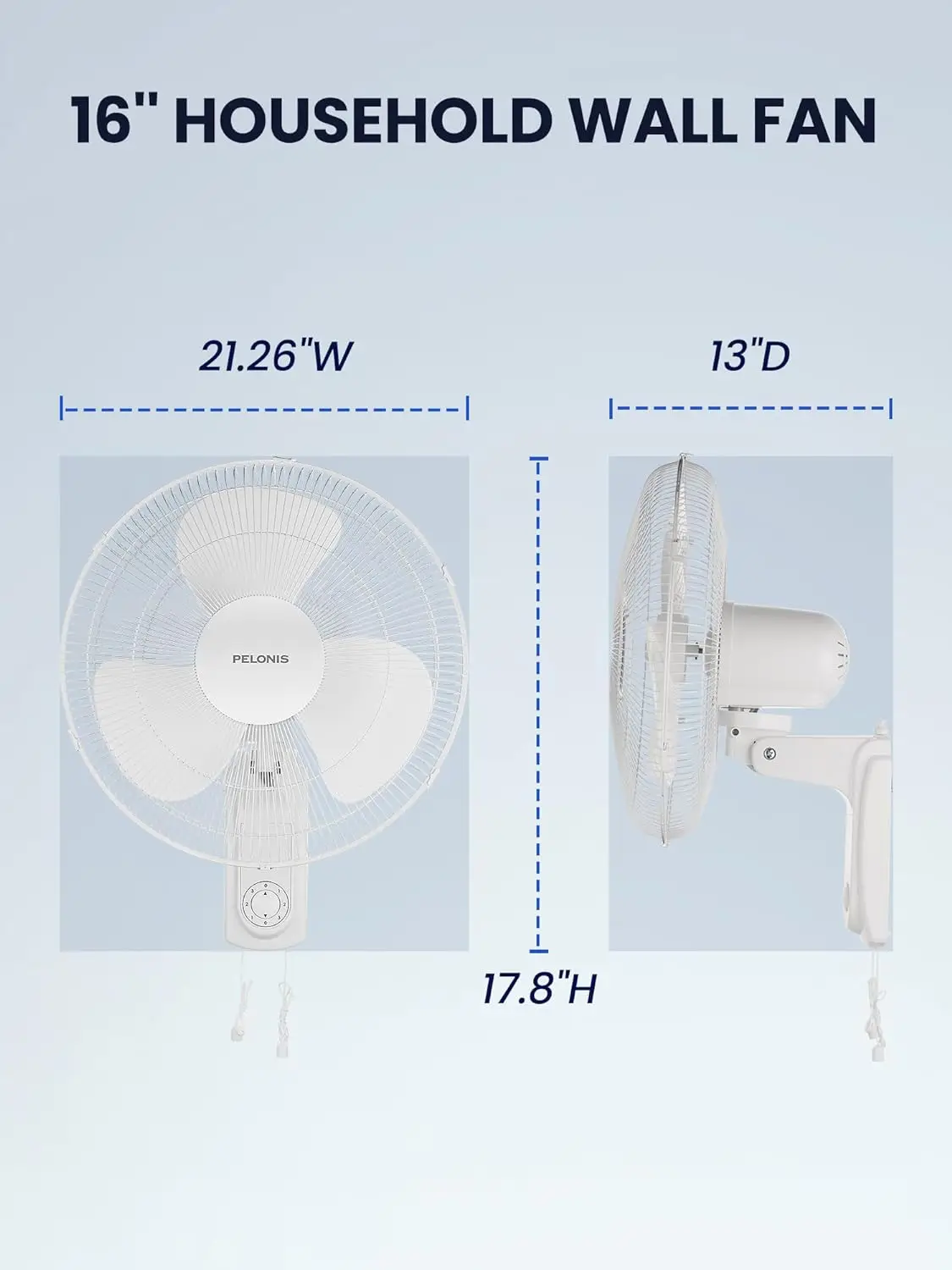 PELONIS 16’’ Wall Mount Fan with 3 Speed Settings Oscillating Household with Adjustable Tilt High Velocity 2 Packs White