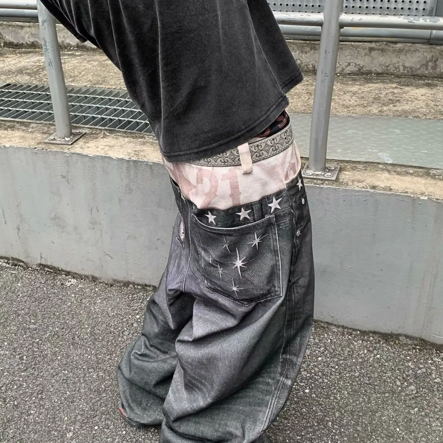 Men's Double Waisted Hole Print Jeans Casual Street Straight Sweatpants Y2k Pants 90s Unisex Streetwear Male Wide Legs Trousers
