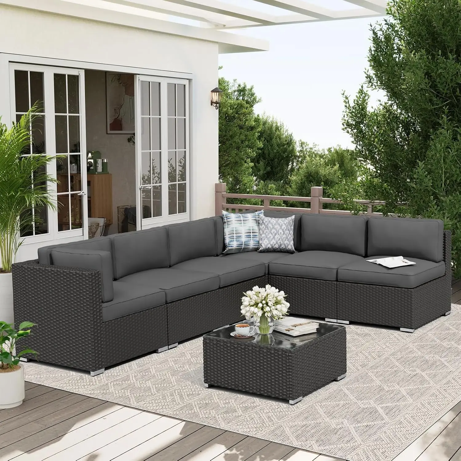 7-Piece Outdoor Black Rattan Wicker Sectional Patio Furniture Sofa Set with Cushions & Glass Top Table, Customized