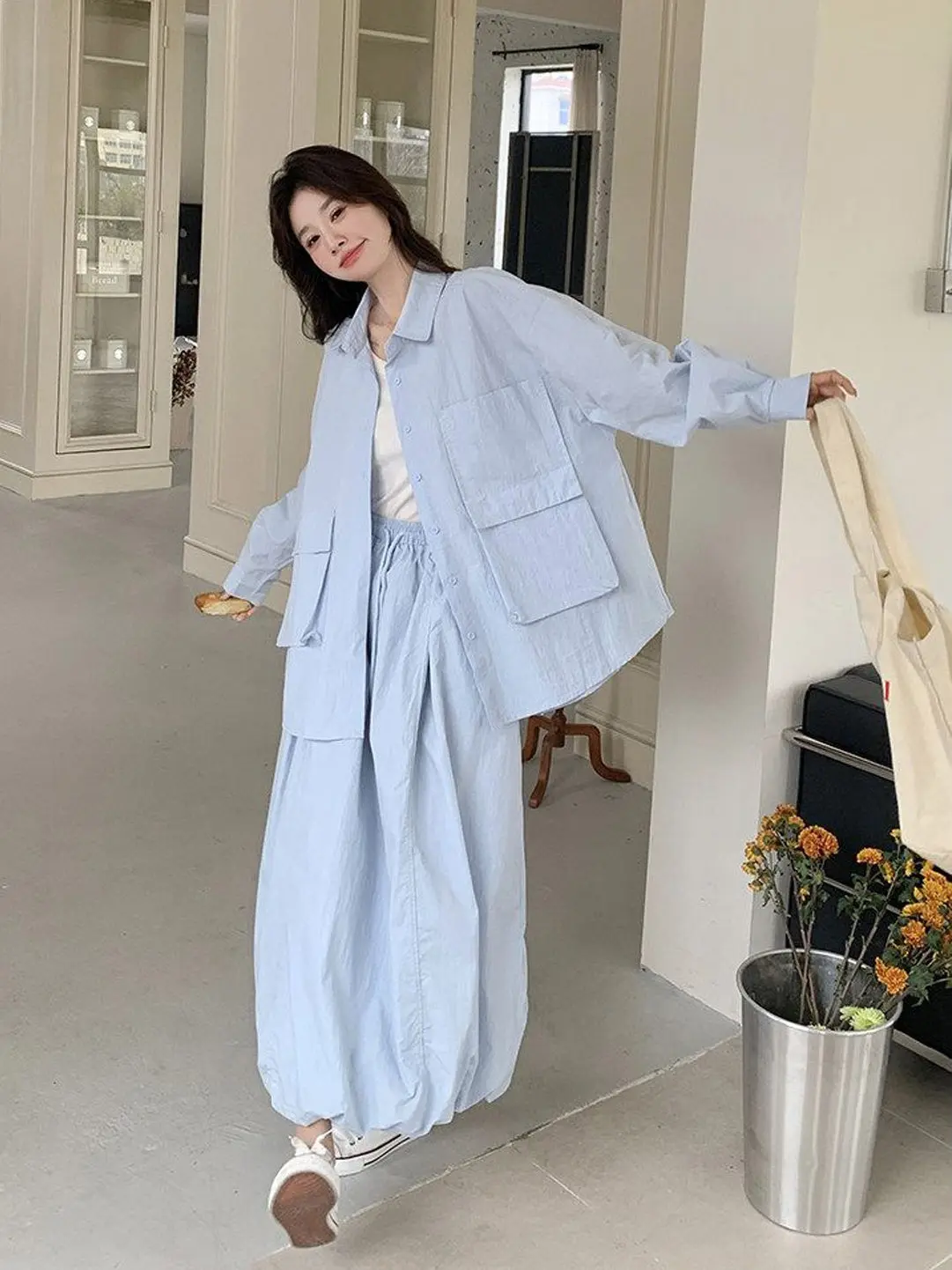 

Blue Casual Lazy Style Workwear Skirt Set Women's Spring New Korean Version Shirt Half-length Long Skirt Set Fashionable Ense...