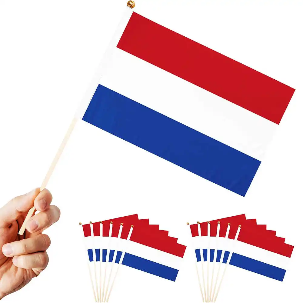 10PCS/Set Netherlands Flag 14x21cm Mini Hand Held Stick Flags with Pole Dutch National Flags for Sports Parade Party Decoration