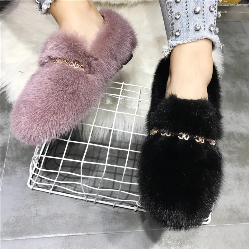 Orange Mink Fur Women Flats Chains Decor Casual Moccasins Ladies Driving Shoes Winter Warm Fur Creepers Zapatos Mujer Loafers