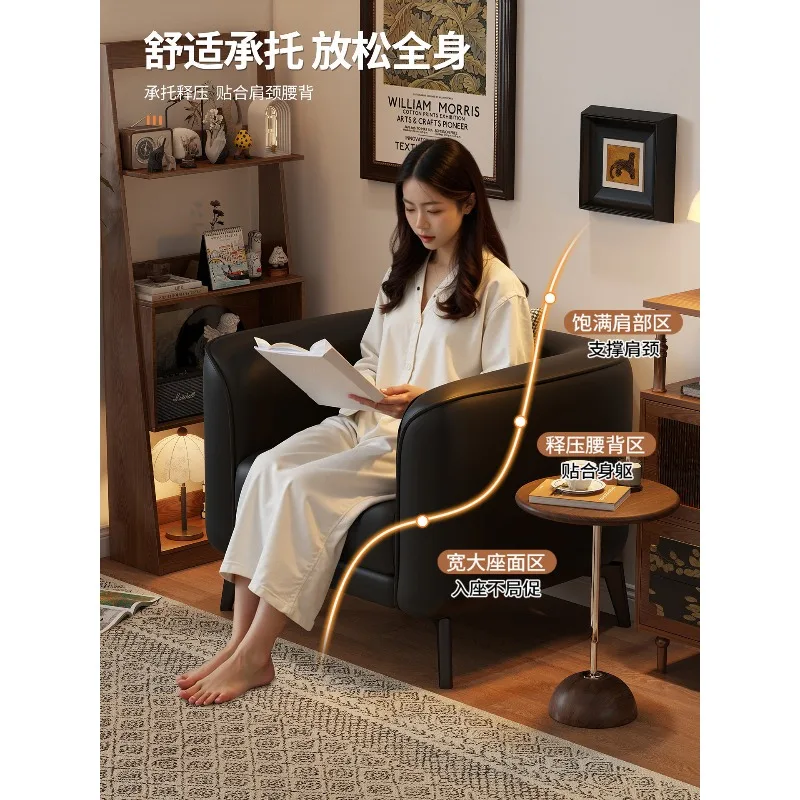 

Single leather art sofa chair, living room balcony, vintage small apartment lounge chair, hotel reception lounge area, designer