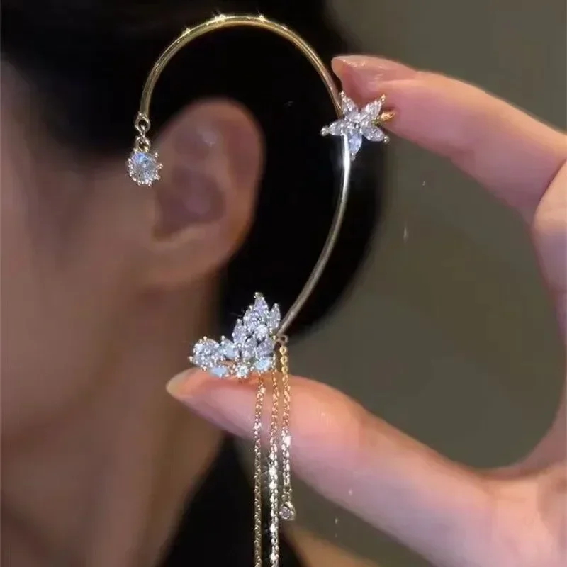 Shiny Zircon Butterfly Ear Cuff Gold Color Tassel Clip on Earrings for Women Copper Earring Without Piercing Jewelry ear loop