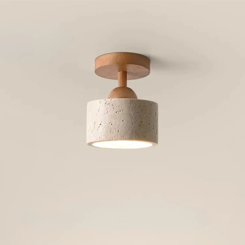 Nordic Wooden Base Ceiling Lights Yellow Travertine Lampshade Living Room Bedroom Kitchen Restaurant Designer Retro Hanging Lamp