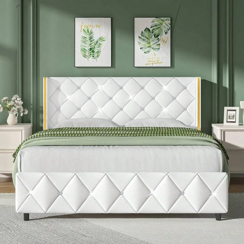 

Bed Frame With Diamond Tufted Wingback Headboard Modern Velvet Bed Frame, No Box Spring Needed With Wood Slat Support, Easy Asse