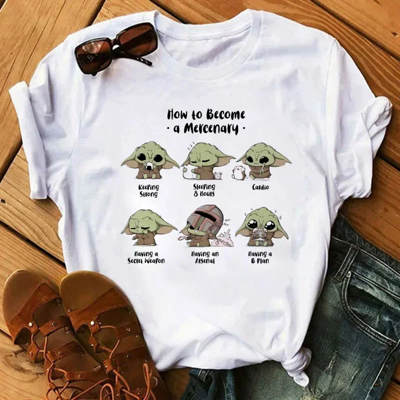 Wars Stitch Baby Yoda Women t-shirt Cartoon Tees gwiazda śmieszne koszulka damska białe luźne bluzki dziewczyny Y2K ubrania topy