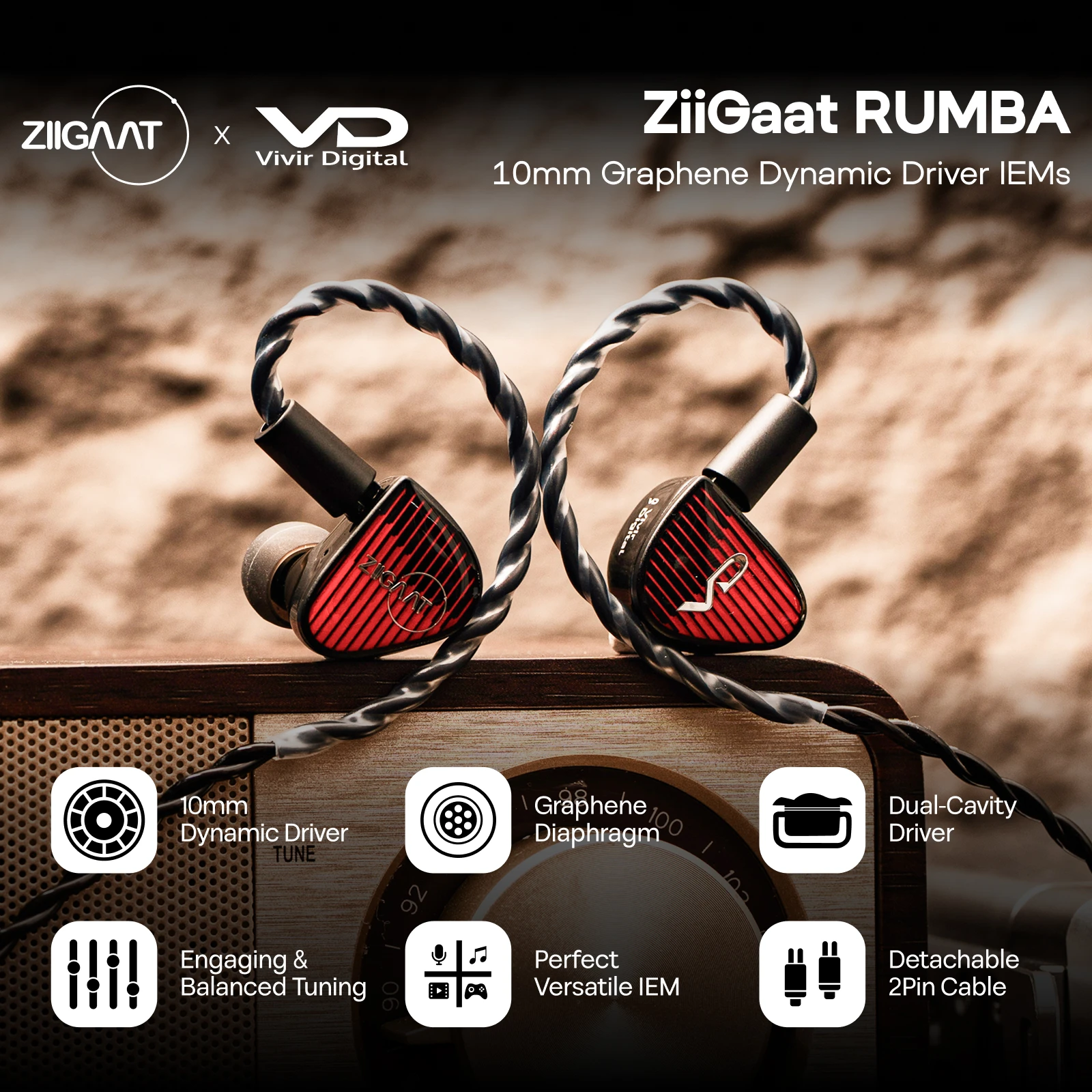 Linsoul ZiiGaat x Vivir Digital: RUMBA 10mm dynamiczny przetwornik grafenowy do słuchawek dousznych z odłączanym kablem 0,78mm 2-pinowym — zdjęcie produktu 4