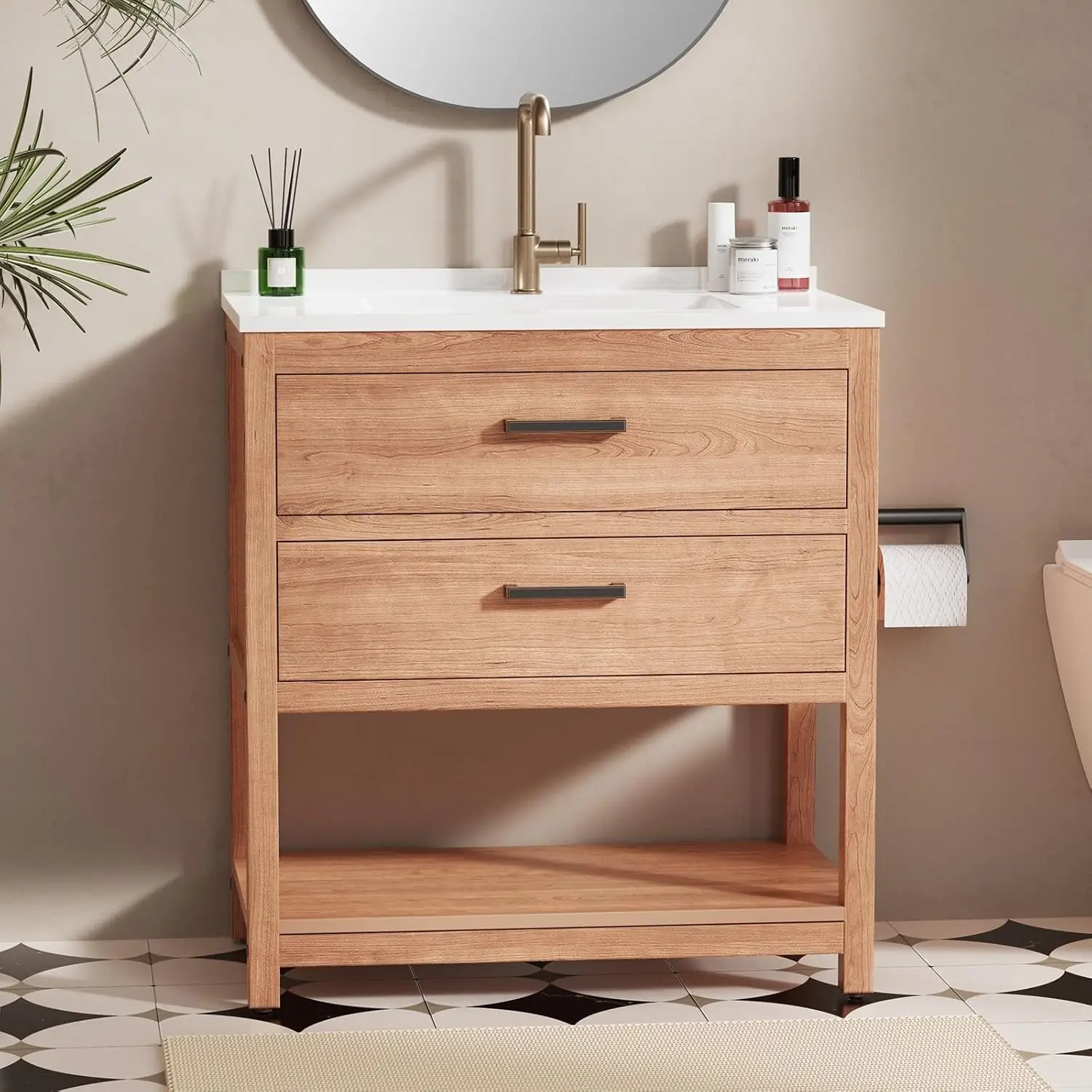 

30in Waterproof Bathroom Vanity Sink Combo SMC Countertop 2 Drawers Open Shelf Adjustable Feet Teak Color Customized