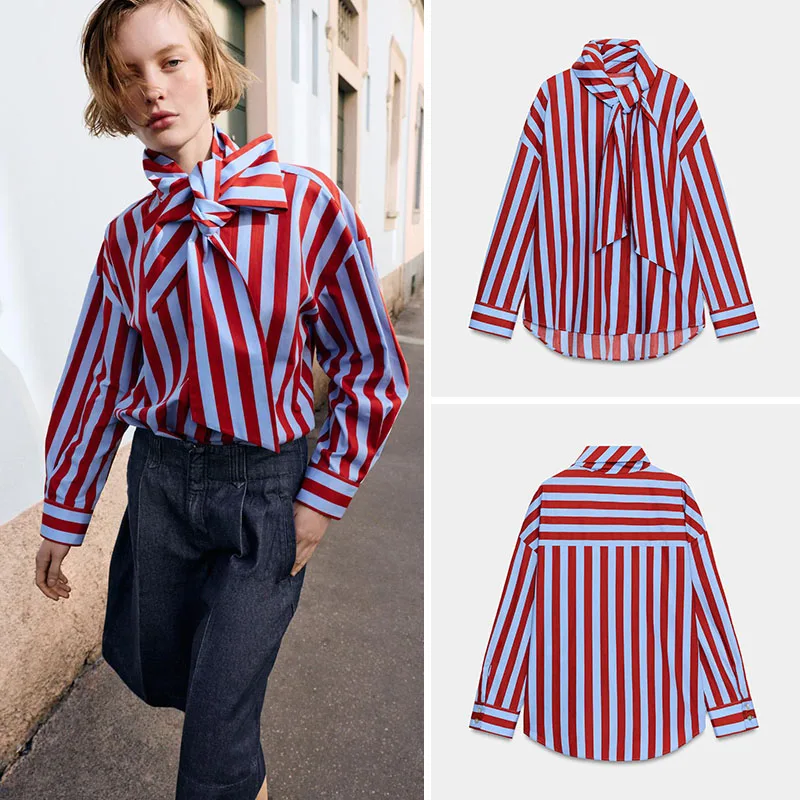 

Spring New Arrival Women's irt High Collar Long Sve Striped Knot Decorated Ele Faionable Ethnic Sle