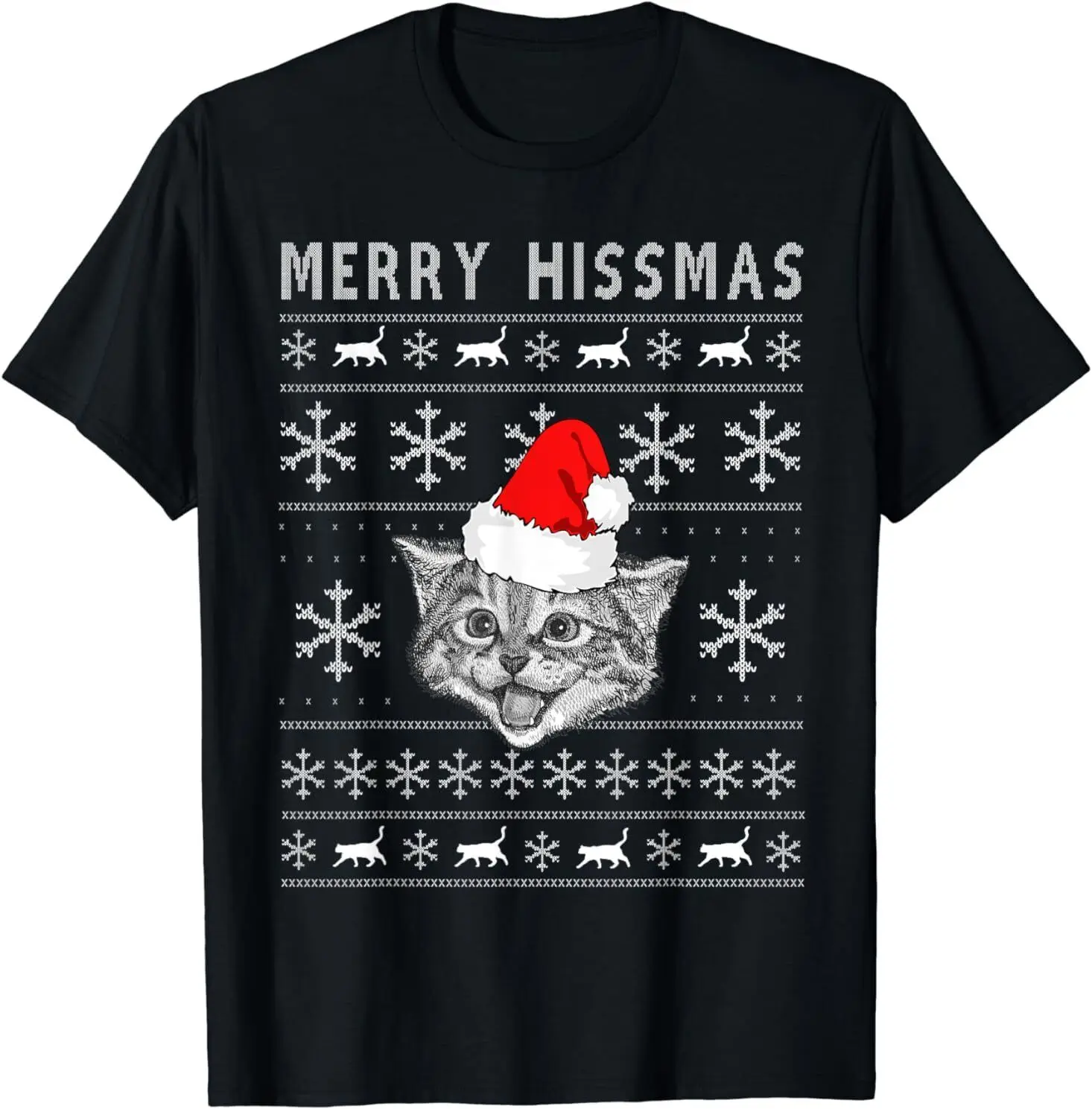 NEW LIMITED Merry Hizzmas Ugly Christmas Cat Wearing Santa Hat Tee T-Shirt S-3XL