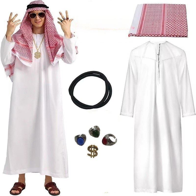 دبي الشيخ هالوين الزي |   طقم روب عربي للرجال والنساء (زي الإمارات العربية المتحدة، إكسسوارات كاملة)
