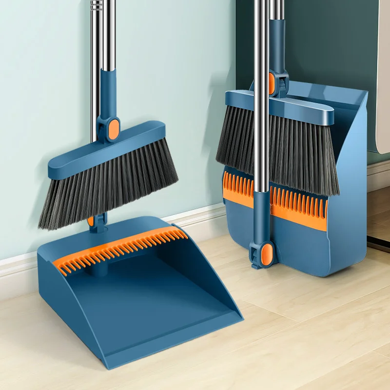 Foldable Self Cleaning Broom and Dustpan Set with Comb Teeth, Upright Standing Sweep Set for Home Pet Hair Floor Cleaning