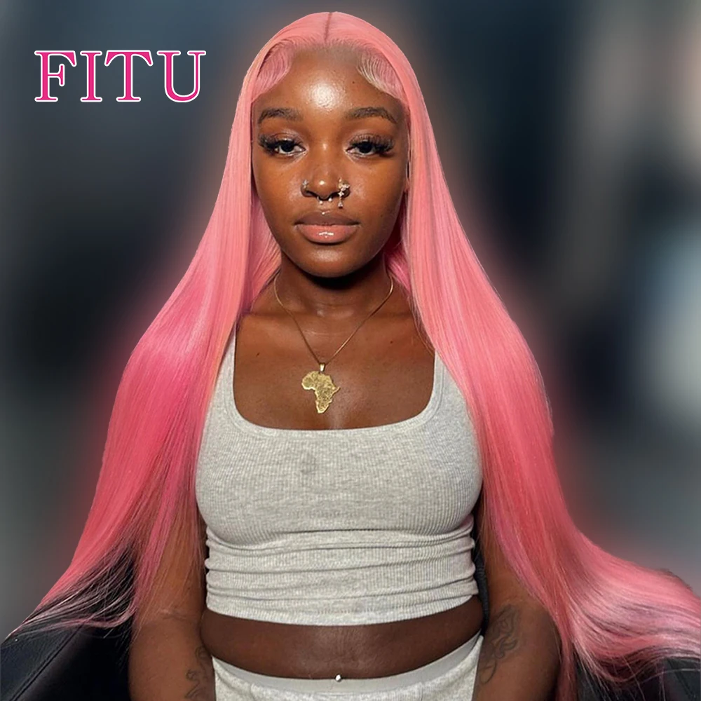 

FITU Pink Transparent 13x6 13x4 Lace Frontal Human Hair Wig 613 Colored Plucked With Baby Hair 5x5 Lace Closure Wig