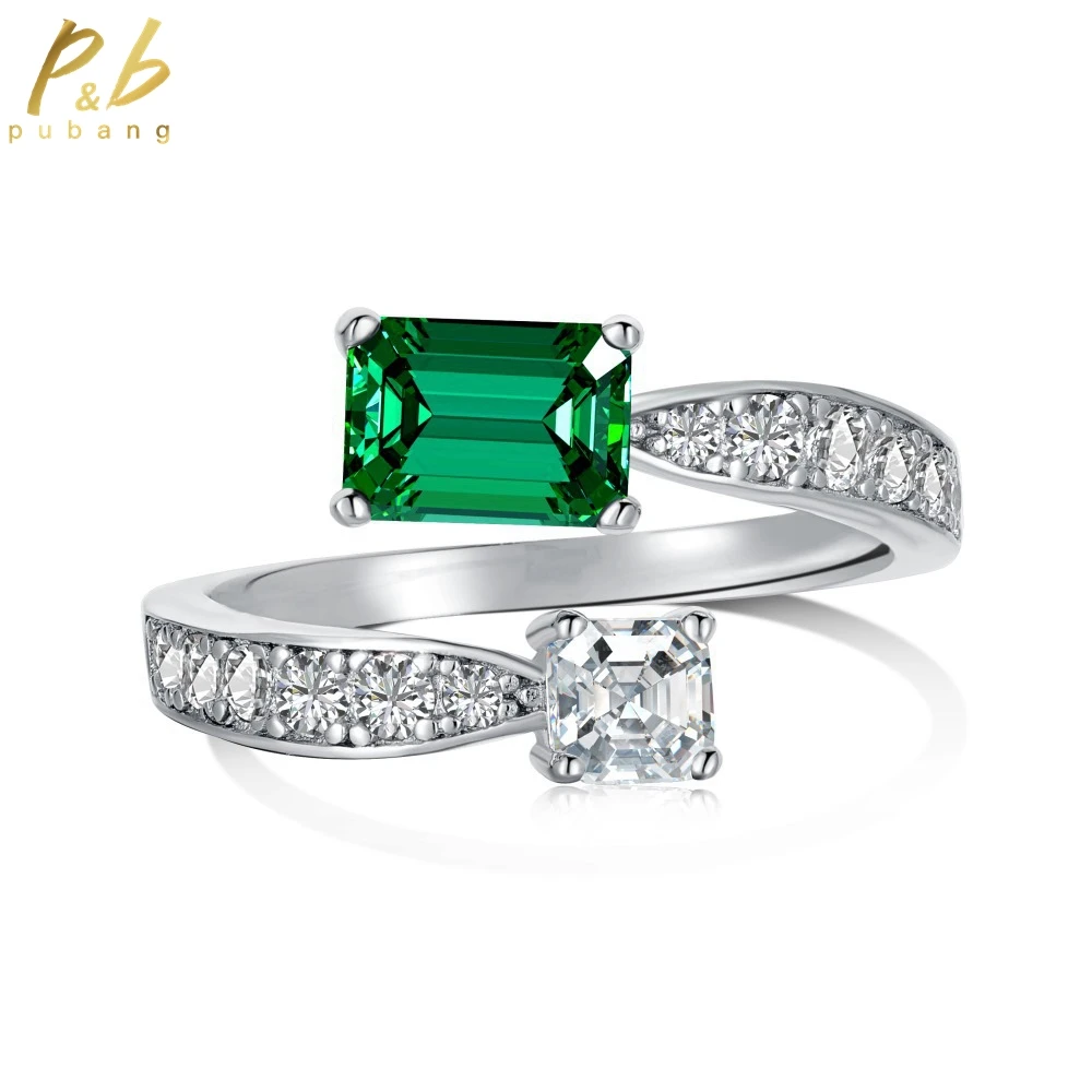 

PuBang for Women Wedding Gift Fine Jewelry 100% 925 Sterling Silver Emerald Gem Created Moissanite Adjustable Ring Free Shipping