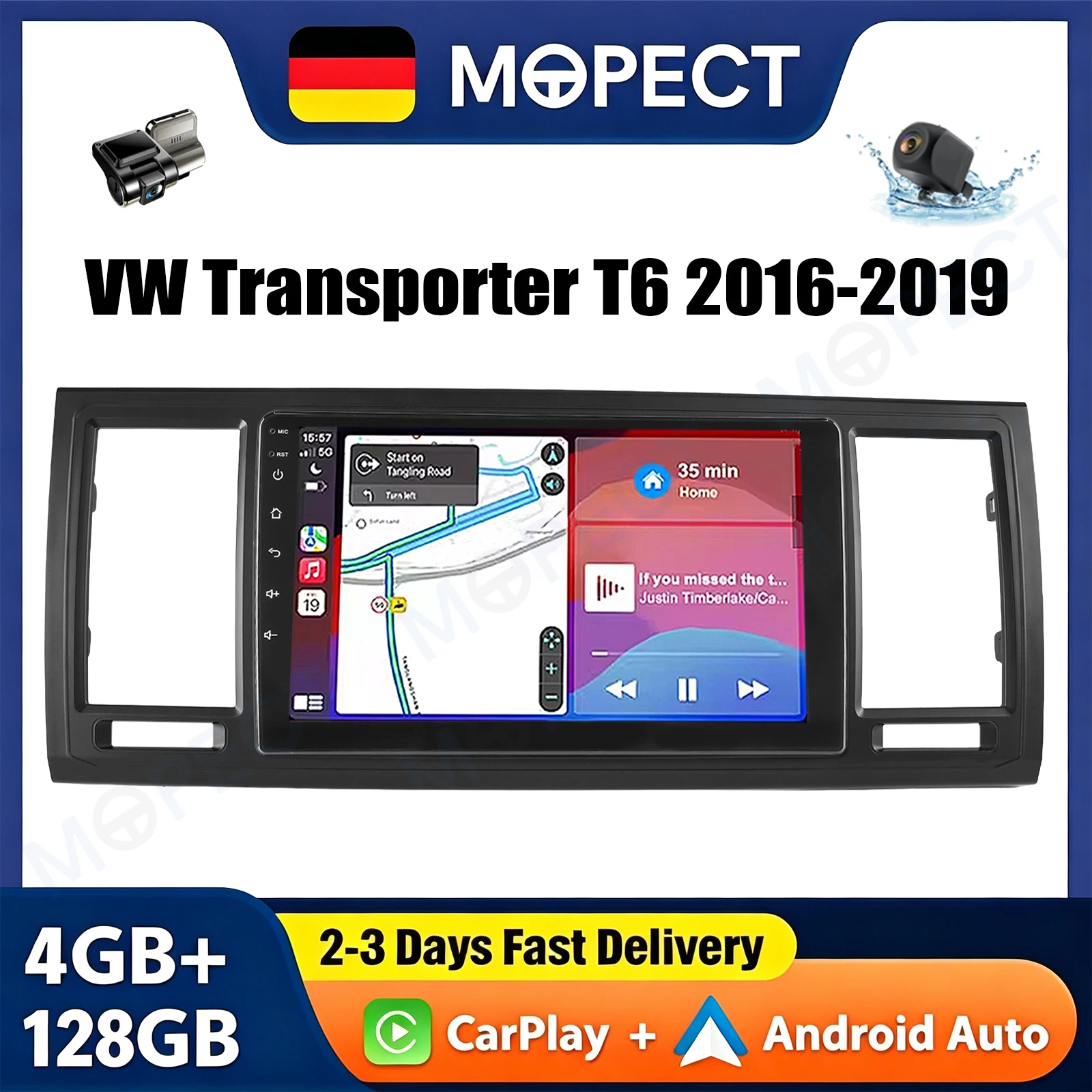 Autoradio MOPECT 9" 4+128G per VW Transporter T6 2016-2019 Android 15 GPS WiFi Carplay Bluetooth FM SWC Head Unit+DVR&AHD