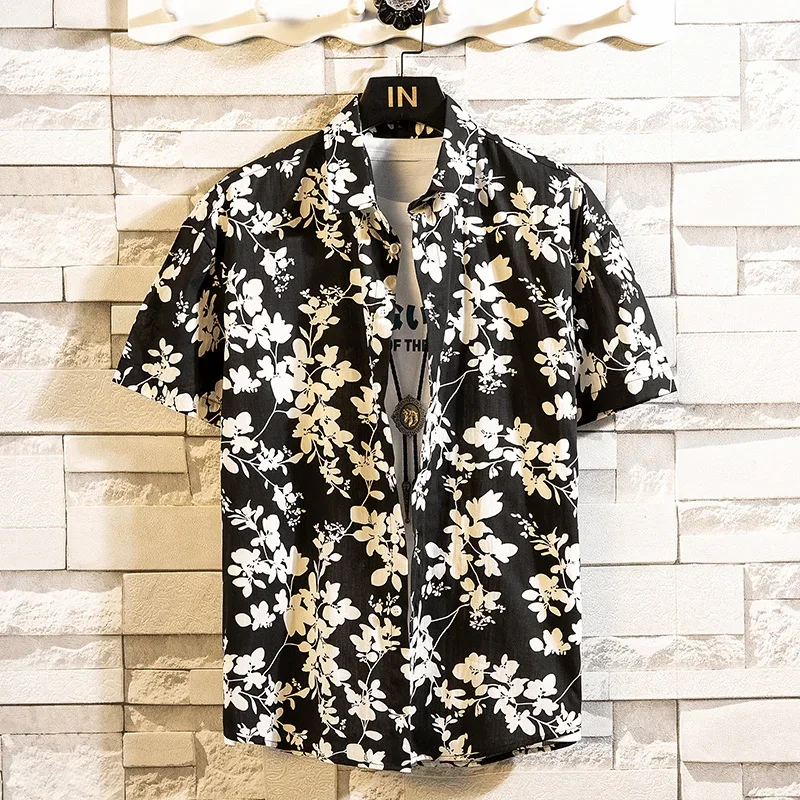 

Man Shirt Shirts for Men Black Floral Print Short Sleeve Korean Style Casual Aesthetic Fashion 2025 Designer Slim Fit Original