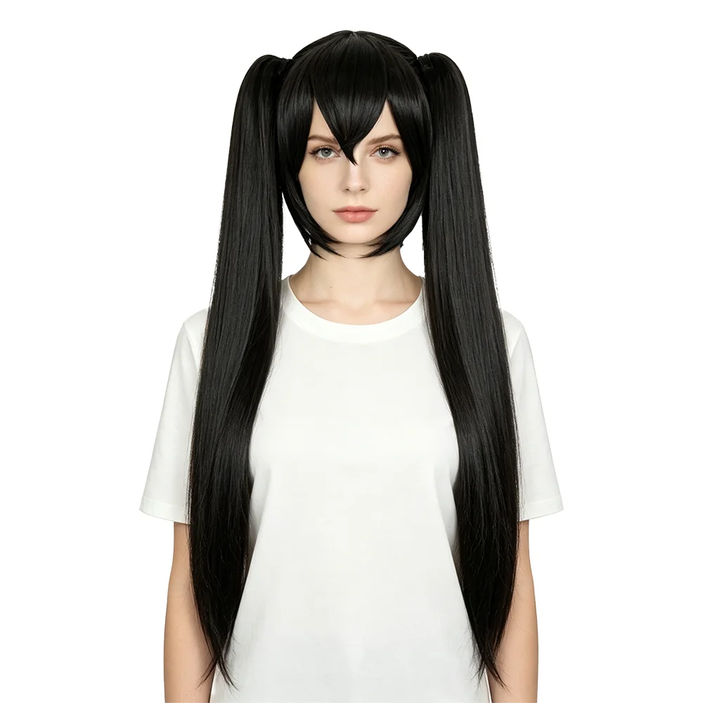 120cm Long Black Straight Detachable Double Ponytail Cosplay Wig Heat Resistant Synthetic Wig For Women Halloween Daily Party